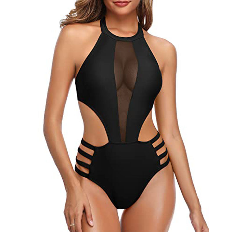 Mesh-paneled cutout halter-neck one-piece swimsuit