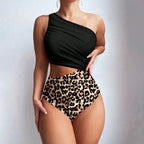 One-shoulder cut-out leopard print one-piece swimsuit