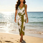 V-neck lace-up one-piece swimsuit and midi-length cover-up skirt set