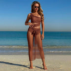 One-shoulder cut-out one-piece swimsuit and mesh cover-up skirt set
