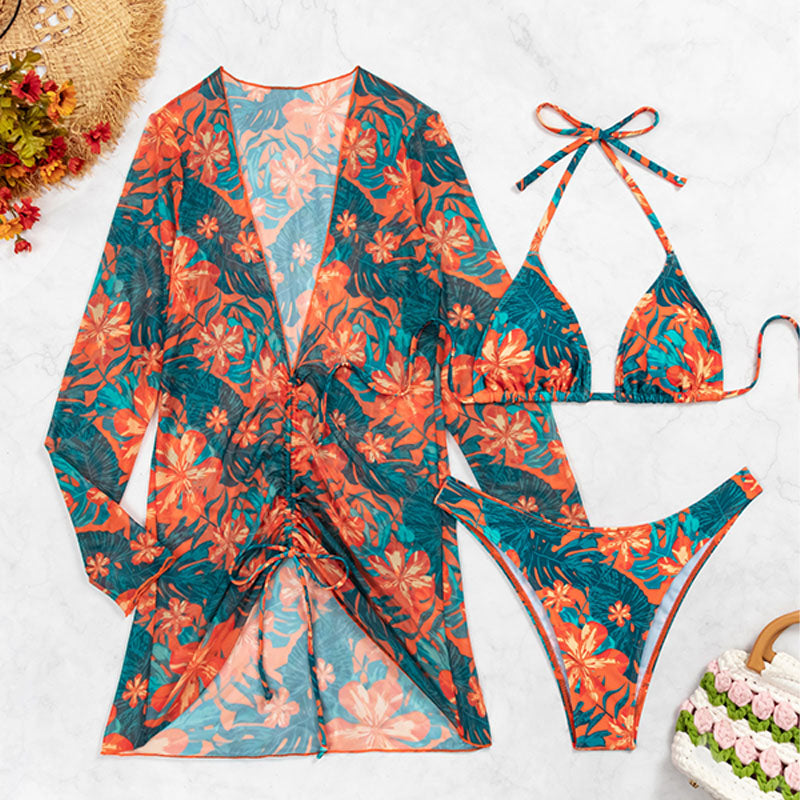 Tropical floral bikini and cover-up swimsuit three-piece set
