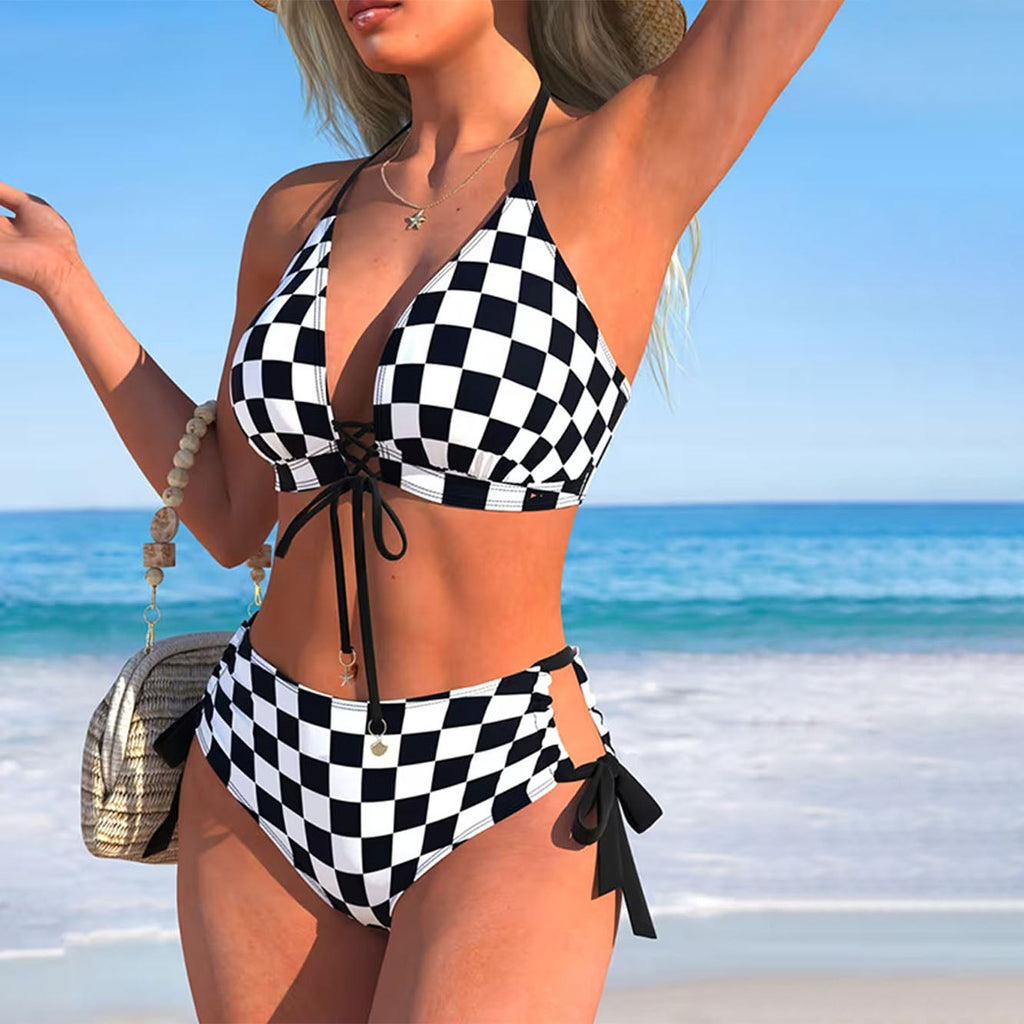 Checkerboard Print Halter Bikini Set