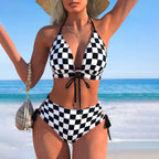 Checkerboard Print Halter Bikini Set