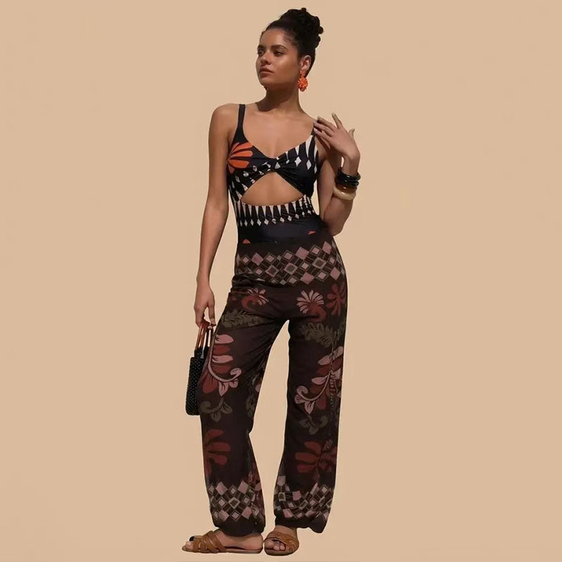 Printed One Piece Swimsuit with Sheer Cover Up Pants Set