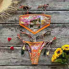 Retro-print square-scarf style bikini set