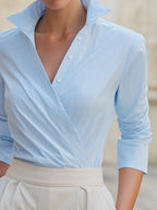 Wrap-Front Tailored Blouse With Structured Collar