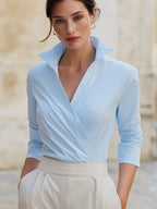 Wrap-Front Tailored Blouse With Structured Collar