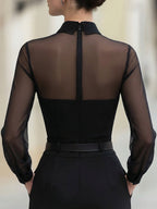 Sheer Panel Pleated Front Blouse