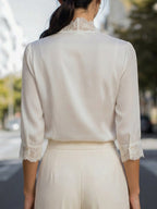 Lace-Trimmed V-Neck Chiffon Button-Up Blouse