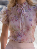 Floral Puff Sleeve Tie-Neck Chiffon Blouse