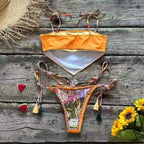 Retro-print square-scarf style bikini set