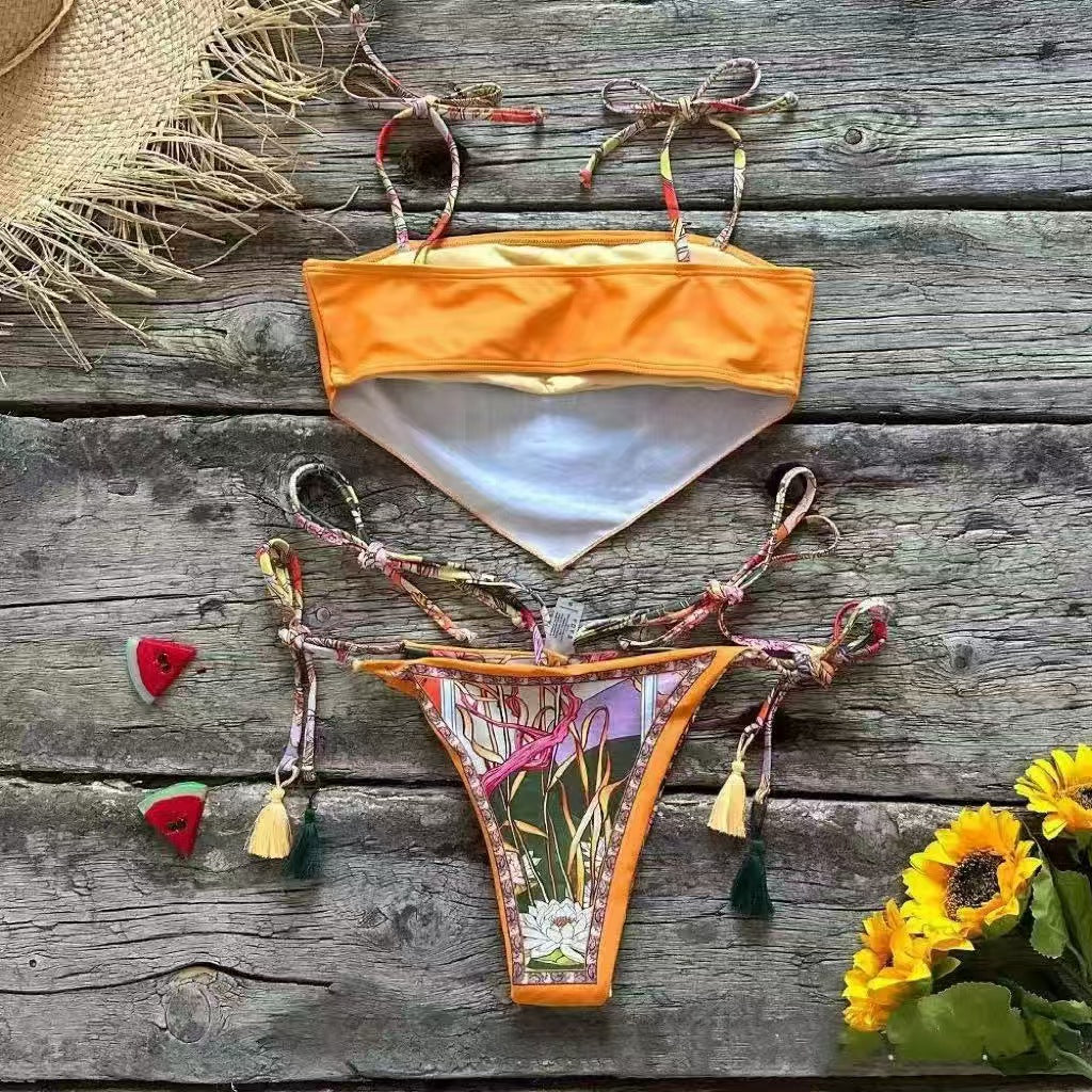 Retro-print square-scarf style bikini set