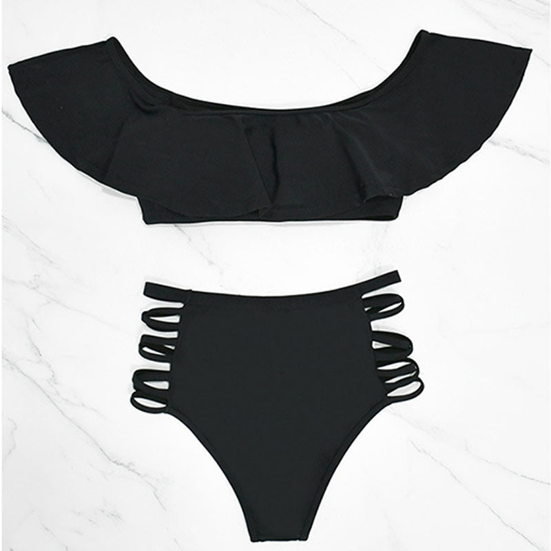 Off-shoulder ruffled cut-out high-waisted bikini set