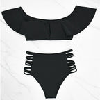 Off-shoulder ruffled cut-out high-waisted bikini set