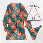 Tropical floral bikini and cover-up swimsuit three-piece set