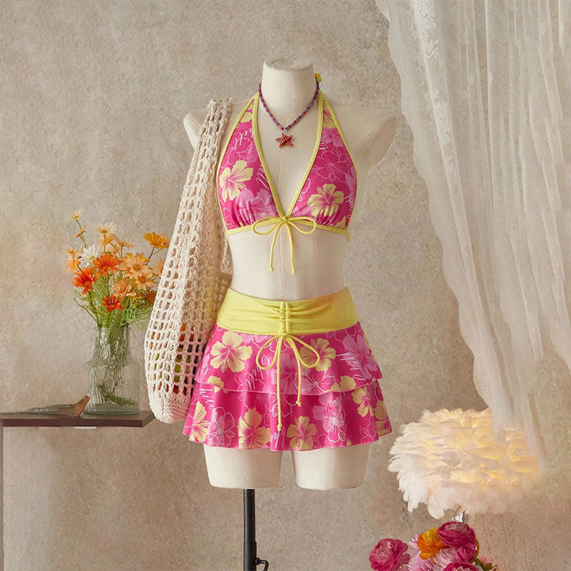 Tropical Print Halter Bikini with Swim Skirt — 3-Piece Set