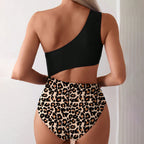 One-shoulder cut-out leopard print one-piece swimsuit