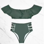 Off-shoulder ruffled cut-out high-waisted bikini set