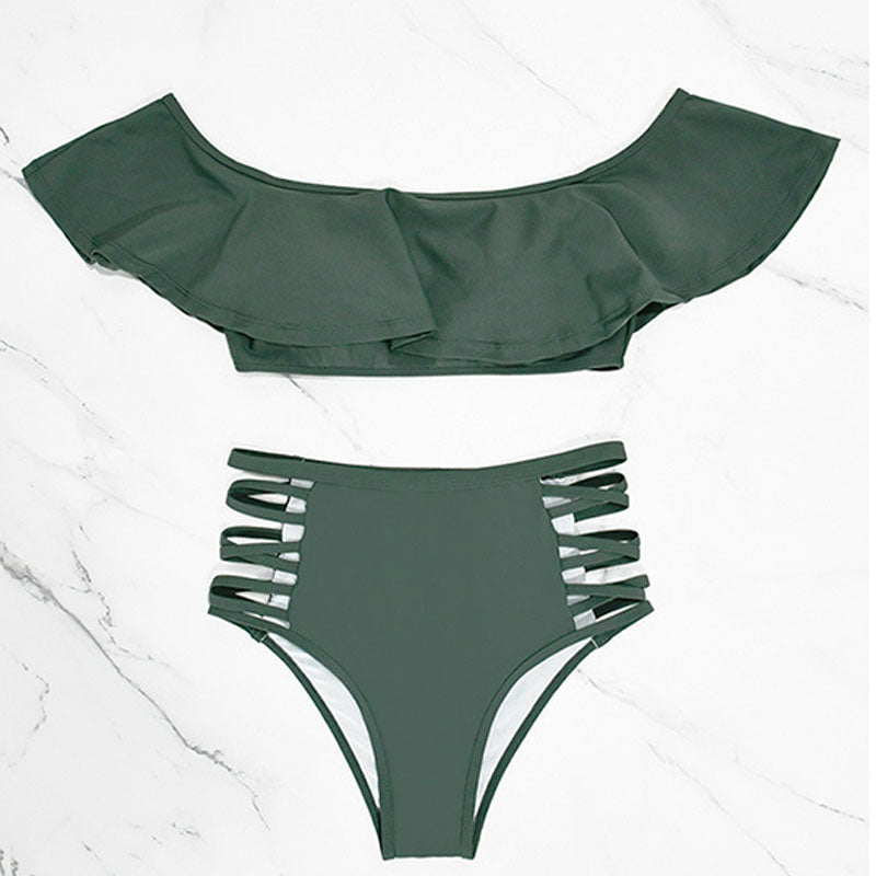 Off-shoulder ruffled cut-out high-waisted bikini set