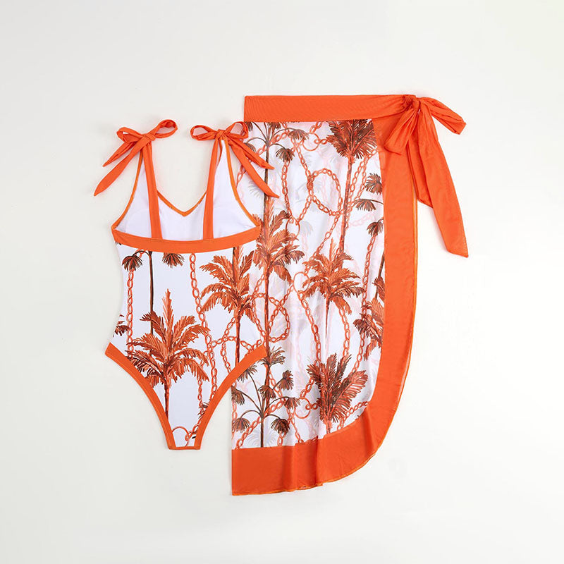 V-neck lace-up one-piece swimsuit and midi-length cover-up skirt set