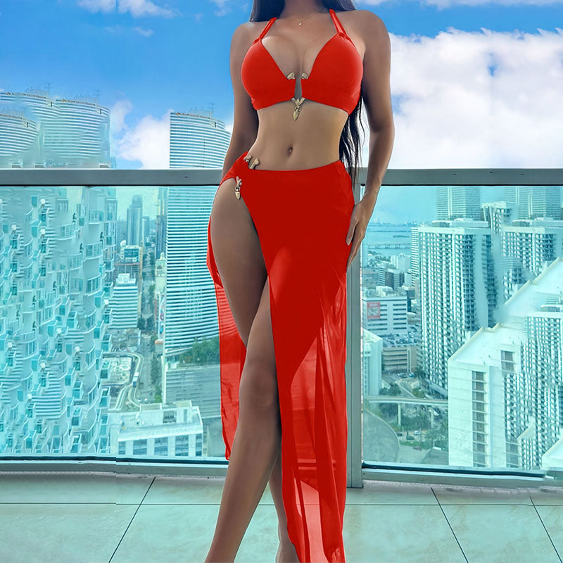 Beach bikini with high-cut cover-up dress three-piece swimsuit set