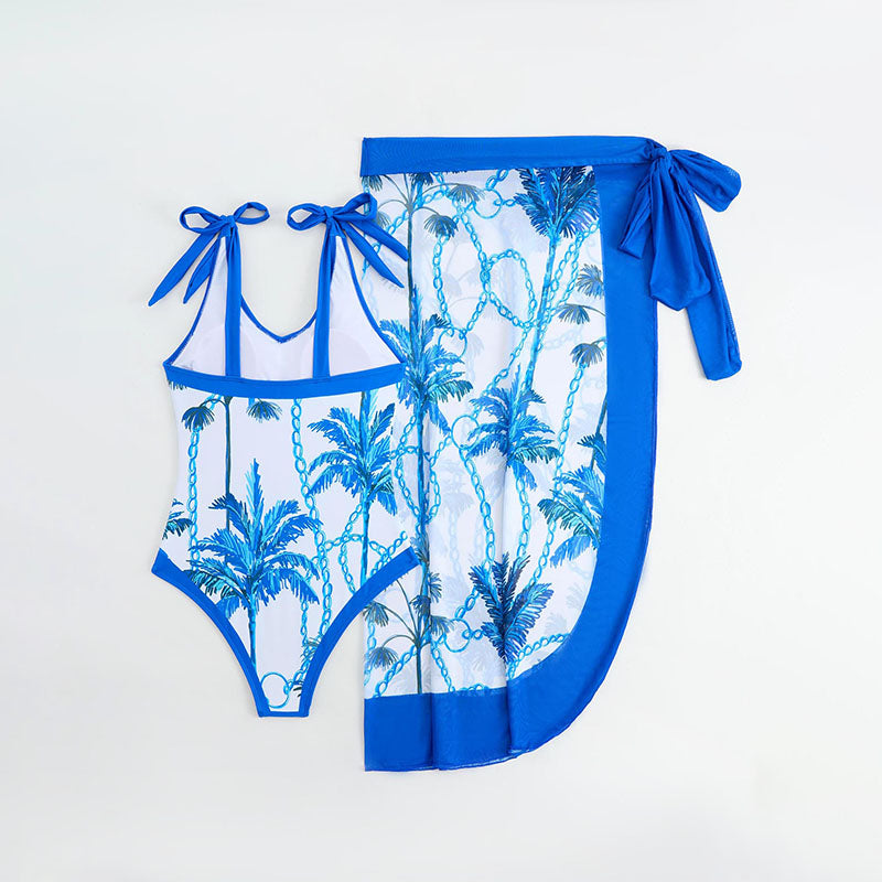 V-neck lace-up one-piece swimsuit and midi-length cover-up skirt set