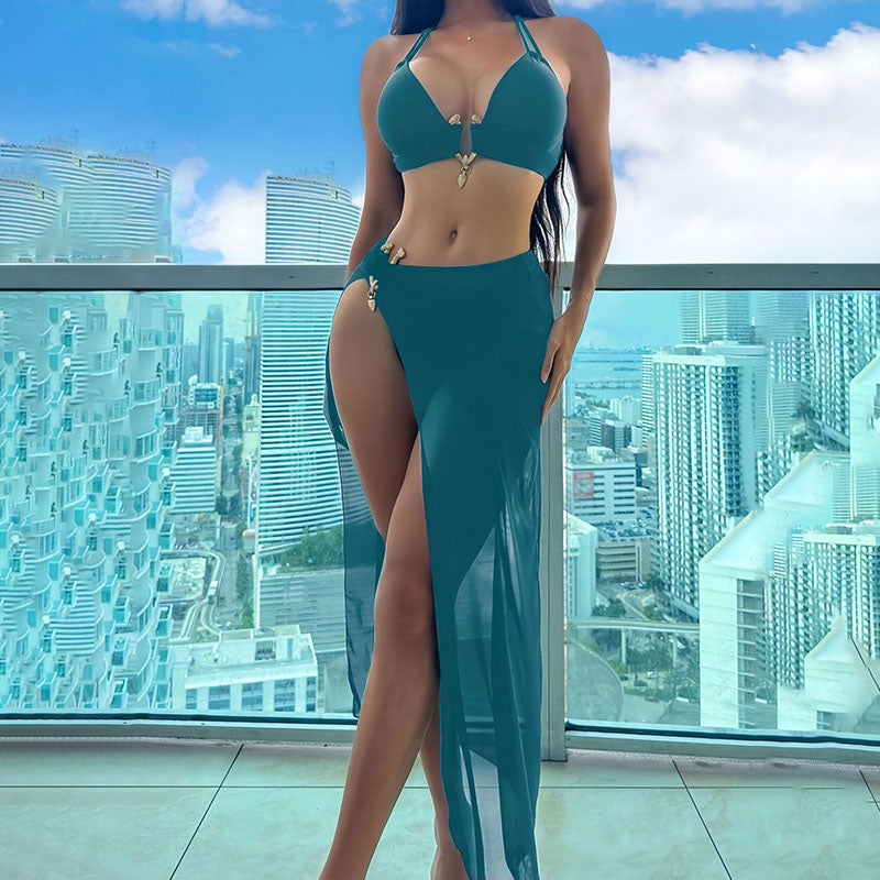 Beach bikini with high-cut cover-up dress three-piece swimsuit set