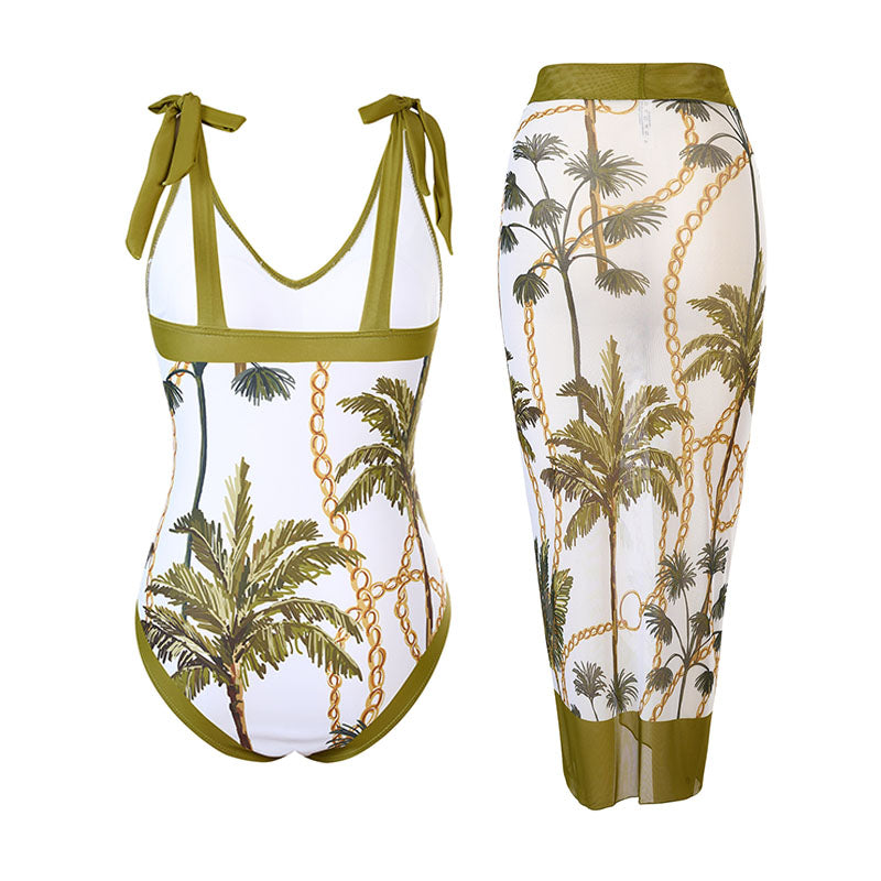 V-neck lace-up one-piece swimsuit and midi-length cover-up skirt set