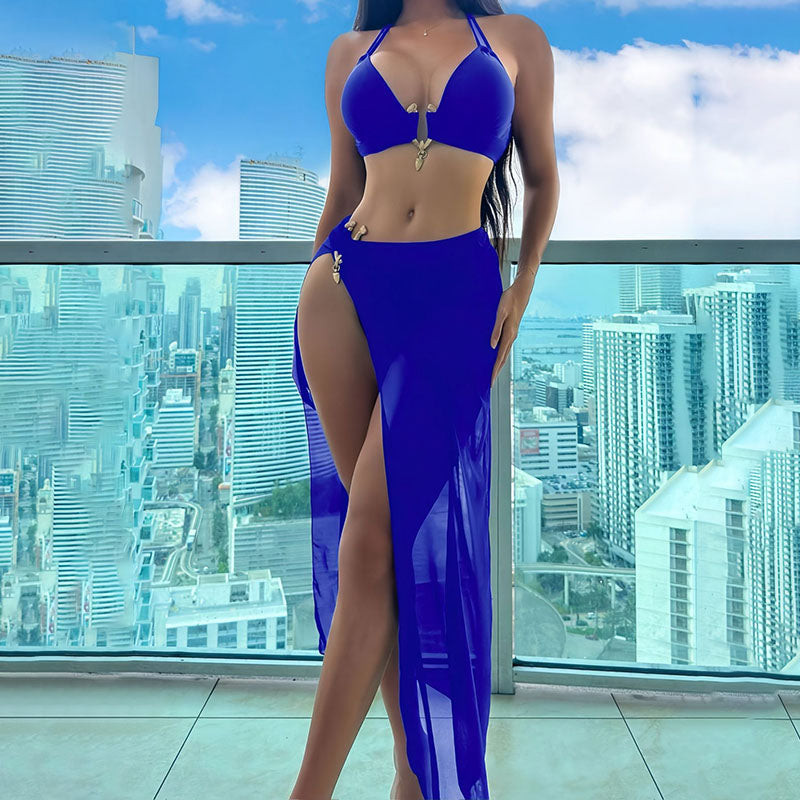 Beach bikini with high-cut cover-up dress three-piece swimsuit set