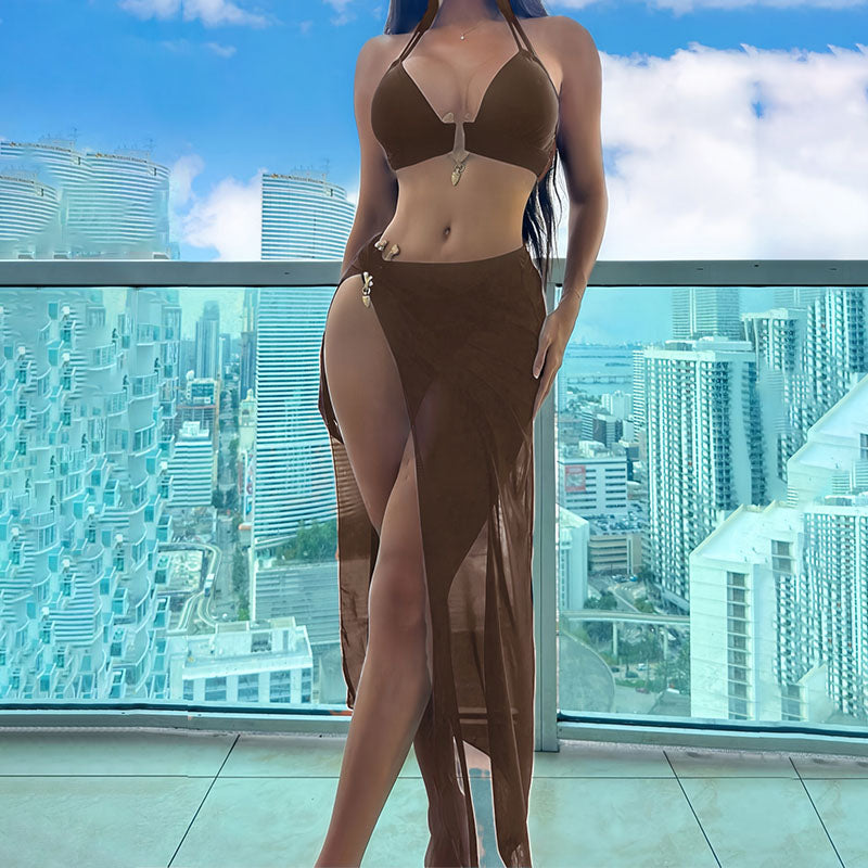 Beach bikini with high-cut cover-up dress three-piece swimsuit set