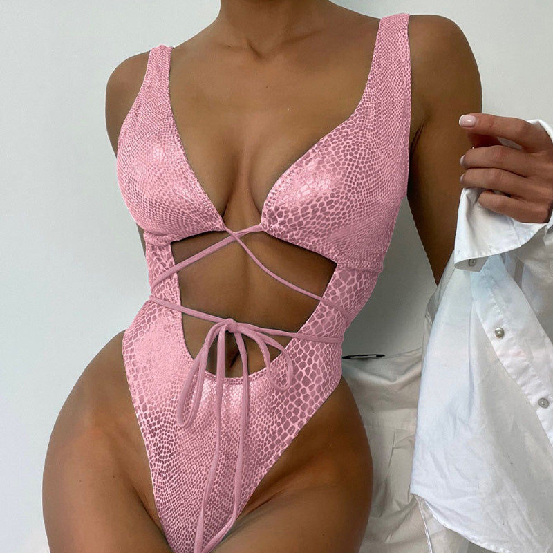 Deep V-neck backless snakeskin one-piece swimsuit