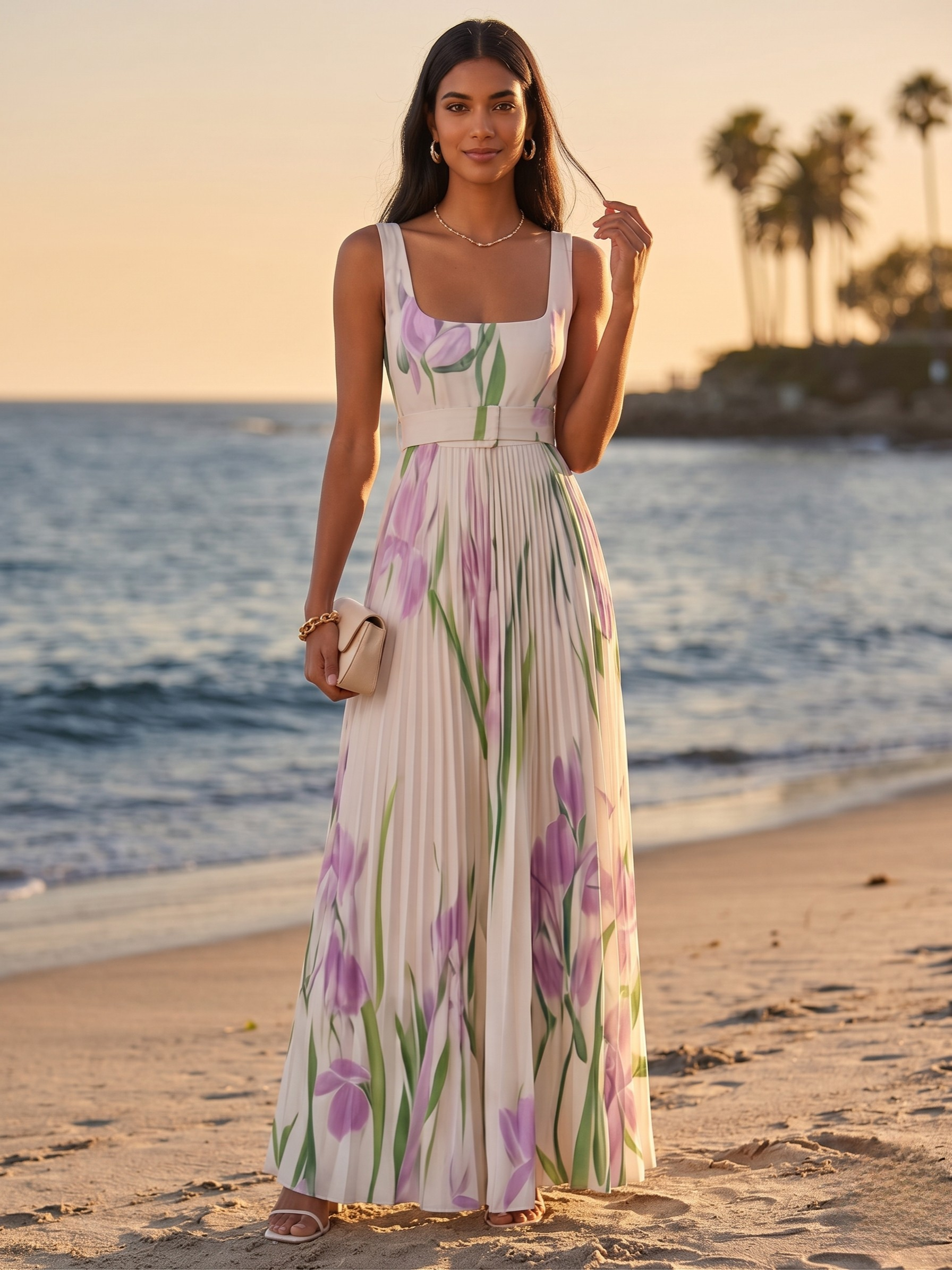 MARIE™ - PLEATED FLORAL CHIFFON MAXI DRESS