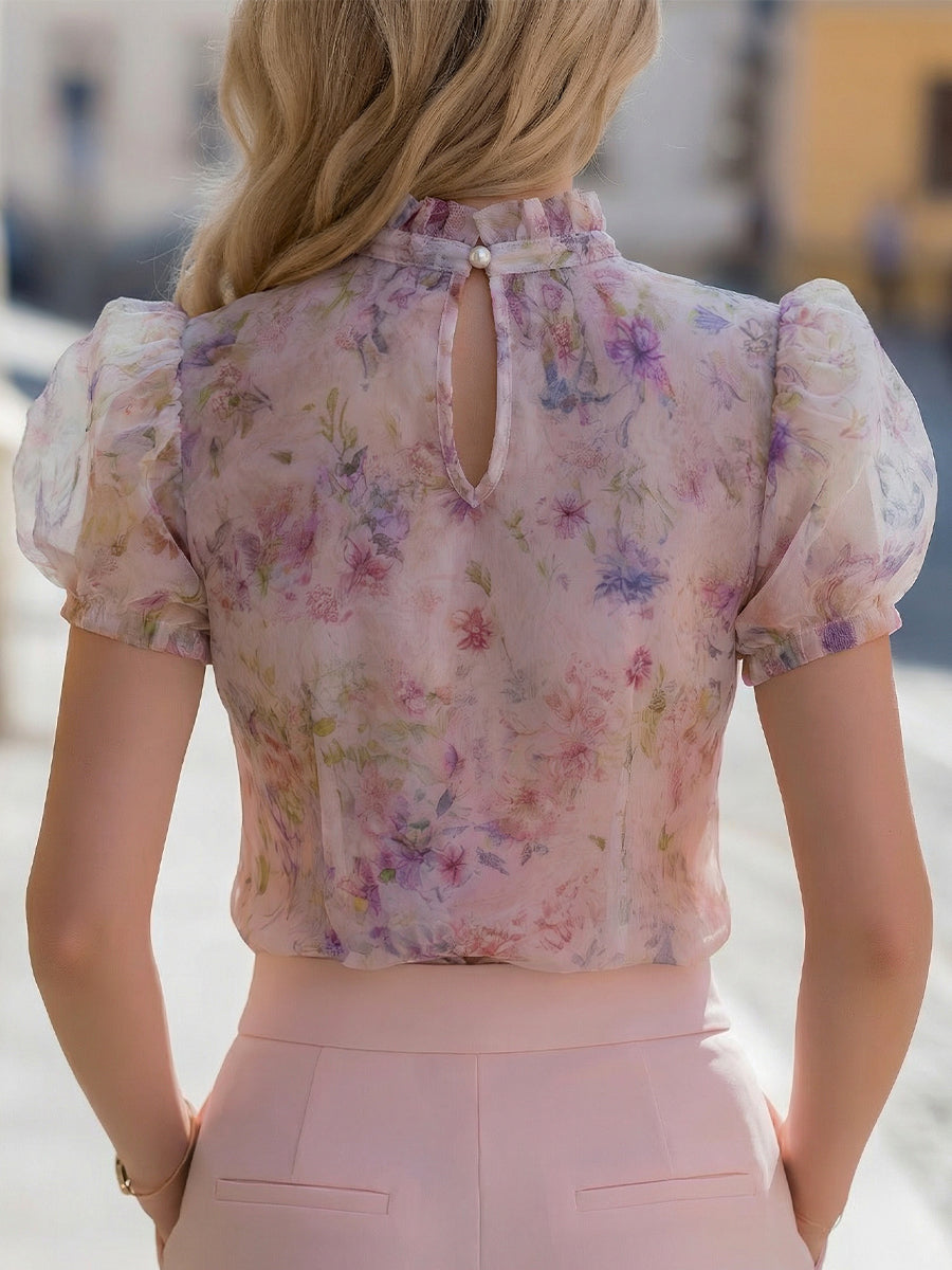Floral Puff Sleeve Tie-Neck Chiffon Blouse