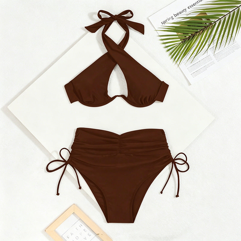 Halter-neck high-waisted bikini set