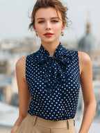 Chic Navy Blue Polka Dot Sleeveless Blouse With Bow Tie Neck