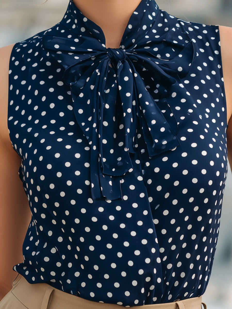 Chic Navy Blue Polka Dot Sleeveless Blouse With Bow Tie Neck