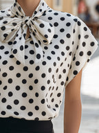 Satin Polka Dot Bow Tie Neck Short Sleeve Blouse