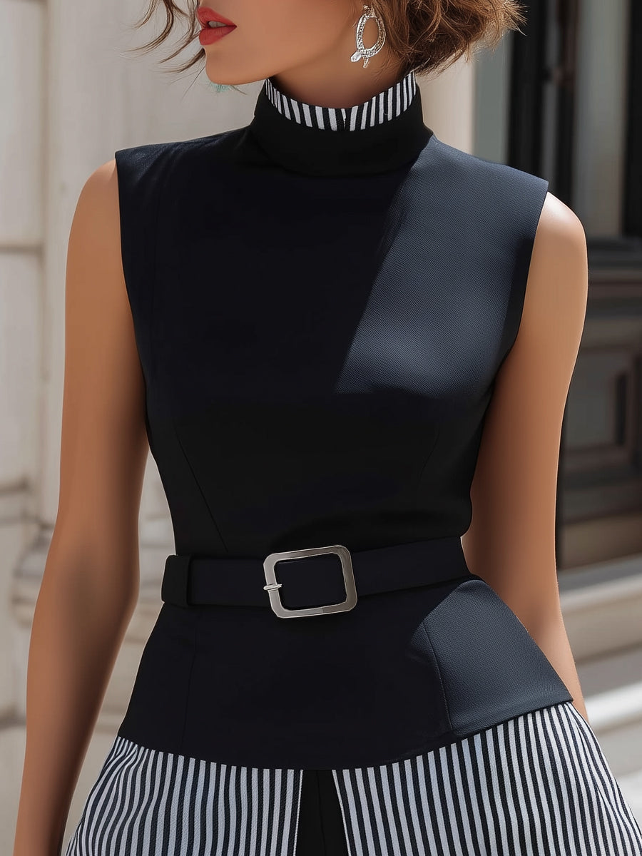 Contrast Stripe High-Neck Belted Structured Top