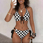Checkerboard Print Halter Bikini Set