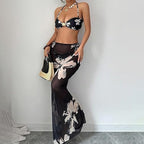 Halter-neck floral print three-piece swimsuit