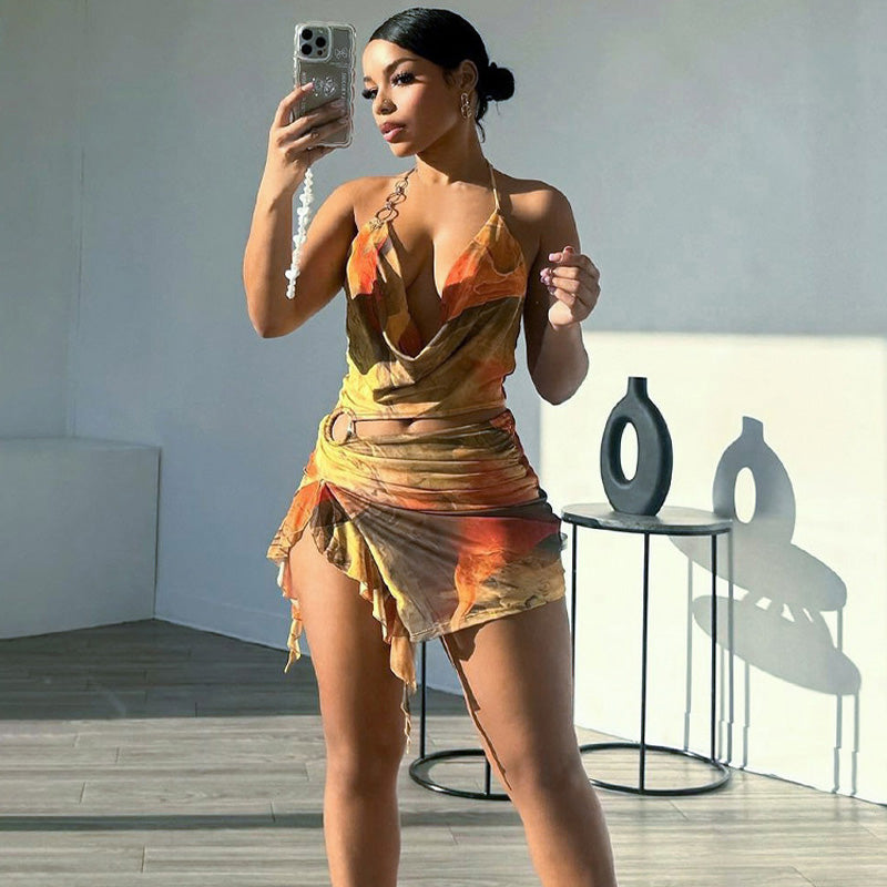 Sunset Drape Halter Ruched Mini Dress