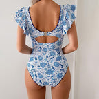 Printed Ruffled V-neck Backless One-Piece Swimsuit
