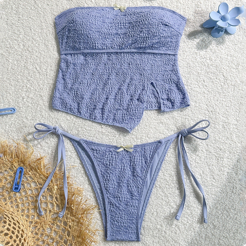 Simple pleated strapless tie-up two-piece swimsuit