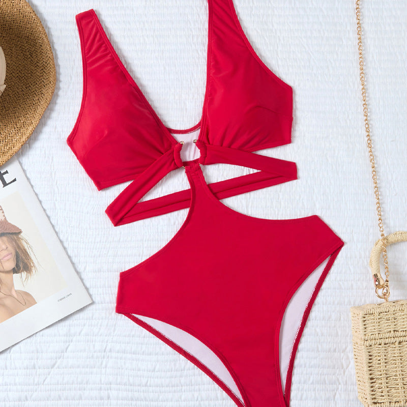 Deep V-neck cutout ring one-piece swimsuit