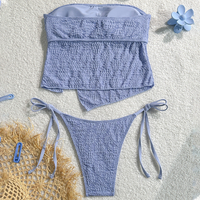 Simple pleated strapless tie-up two-piece swimsuit