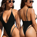 Deep V-neck mesh-paneled one-piece swimsuit