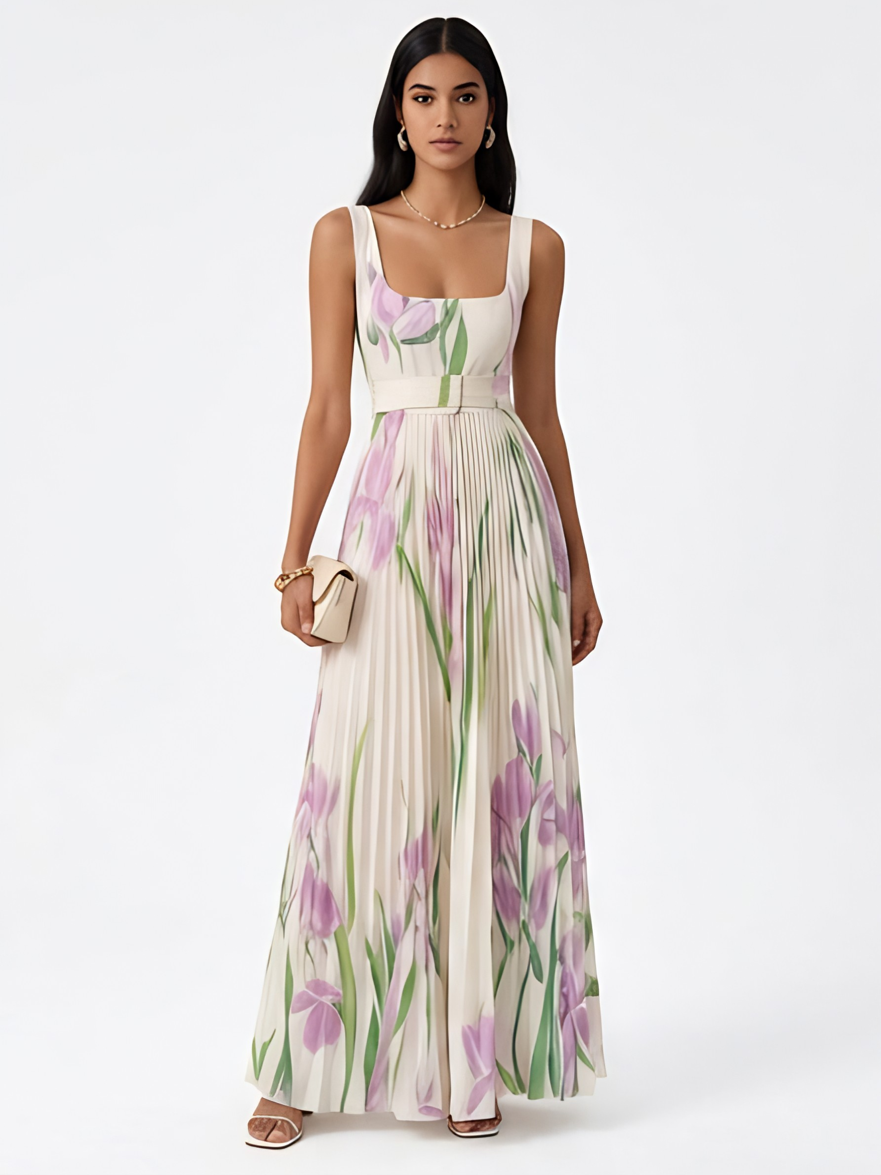 MARIE™ - PLEATED FLORAL CHIFFON MAXI DRESS
