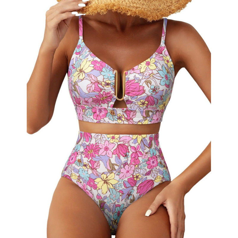 Retro U-Neck Printed High-Waisted Bikini