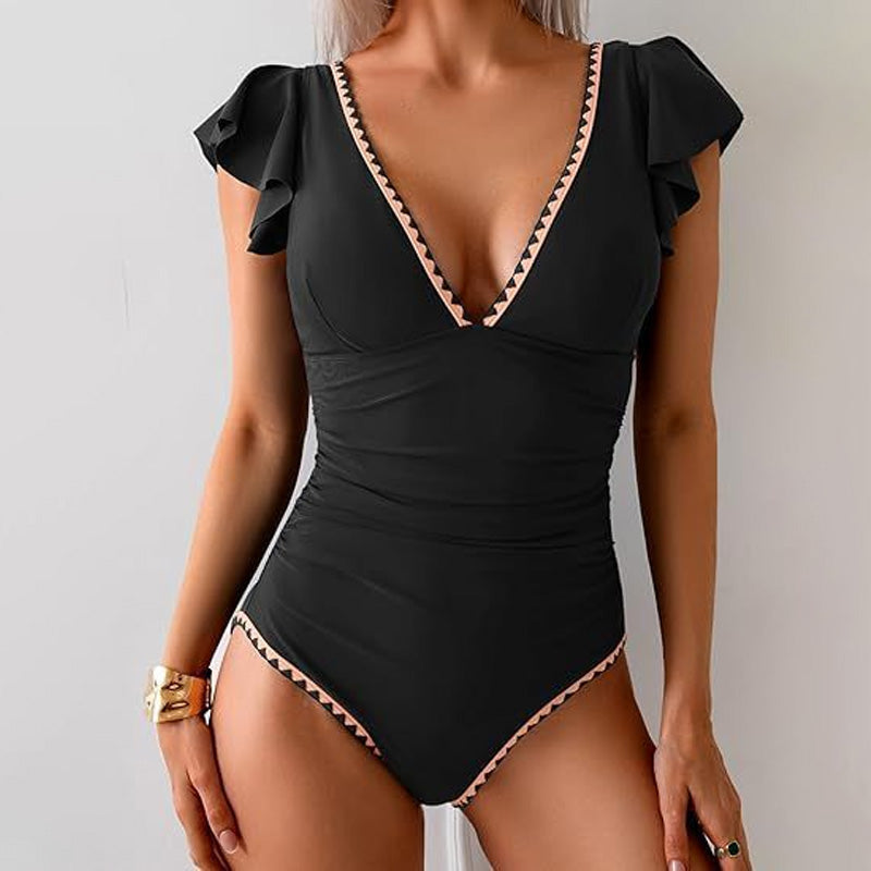 Printed Ruffled V-neck Backless One-Piece Swimsuit
