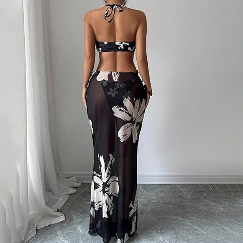 Halter-neck floral print three-piece swimsuit